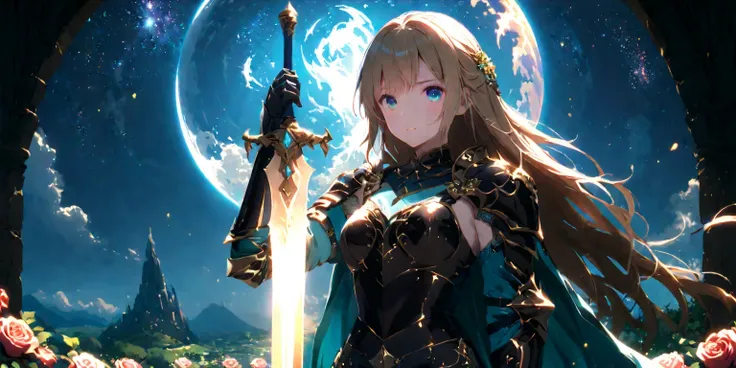 diy24,Adorned in shimmering armor, a blonde fantasy warrior stands tall in an enchanted rose garden, her iridescent sword casting a beacon of light amidst the darkness. In another scene, she is seen in a radiant landscape filled with floating islands again...