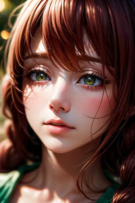 hd, (The finest details) (最high quality), Girls in their 20s,Redhead woman with long red braided hair and a green dress taking a photo, Mature and gorgeous, Natural light and shadow､ (Detailed face), (Beautiful fine details), Dynamic pose), masterpiece, 最h...