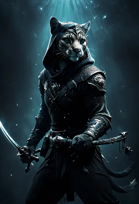 ((a dark swearer cougar, swearer's clothing with hood and sword, dynamic pose, epic:1.5)), ((dark background, moonlight night:1....