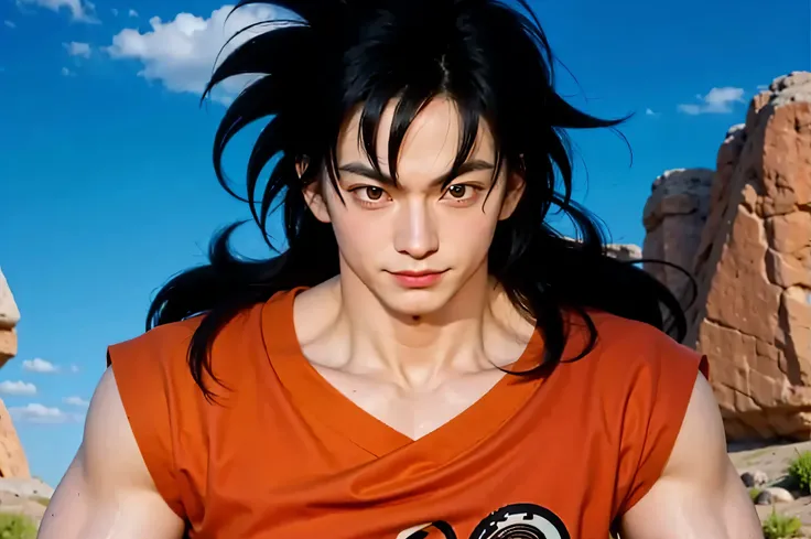 yamcha black hair black eyes long hair bangs scar on face orange dougi orange pants blue sash blue wristbands black shoes insignia (8k, best quality, masterpiece:1.2),(upper body:1.2),yamcha, male focus, 1boy, black hair, solo, scar on face, smile, muscula...