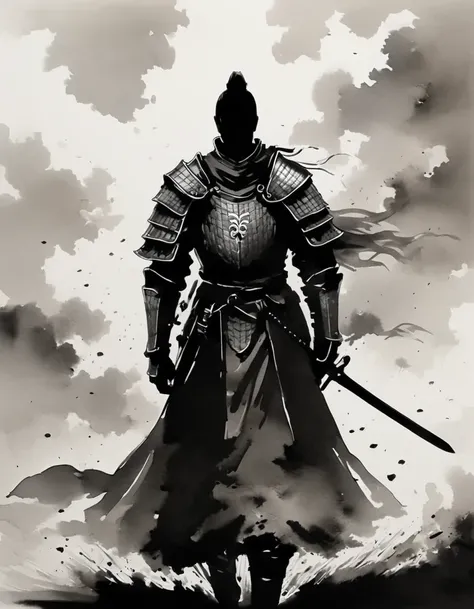 young knight, the story of chivalrous, silhouette, made of mist, black and white art, in the style of emphasis on negative space, chiaroscuro portraitures, in the style of shodo, eastern brushwork, comic art, mono-ha, disintegrated, speedpainting, made of ...