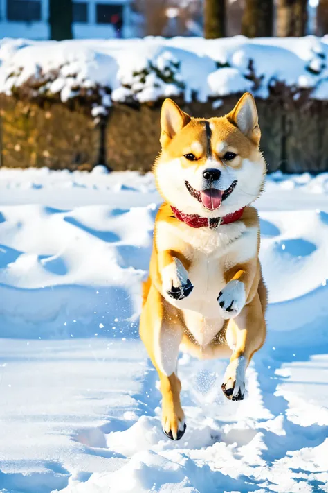 araffe dog jumping In the snow with a ball in its mouth, shiba inu dog, shiba inu, Anthropomorphic Shiba Inu, Doge, a jigsaw puzzle, mysterious, Inspired by Shiba Kokan, puzzle, shibu inu, Sunny winter day, In the snow, John Park, 3 0