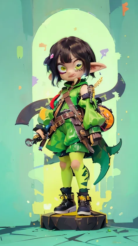 Tomboy.blach hood, detailed background, goblin girl, green skin, colored skin, black hair, short hair with long locks, blunt bangs, blue eyes, , dressed in tight leather, punk techwear, straps and belts , smug expression, cute masterpiece, best quality