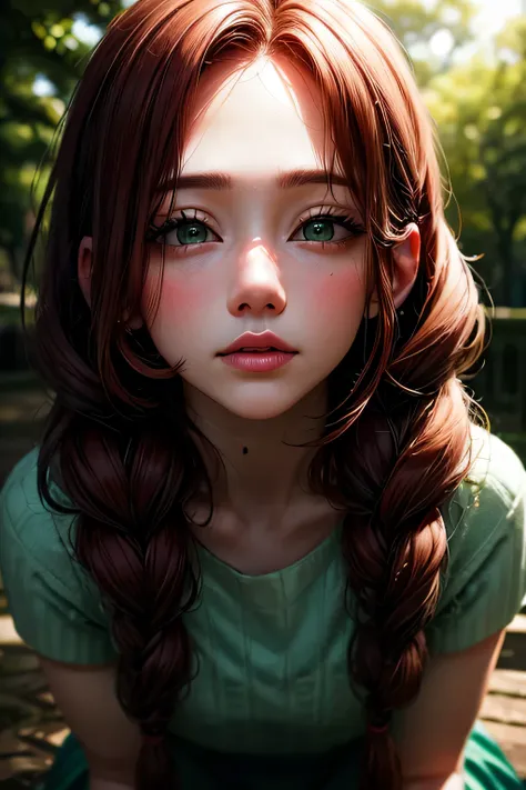 hd, (The finest details) (最high quality), Girls in their 20s,Redhead woman with long red braided hair and a green dress taking a photo, Mature and gorgeous, Natural light and shadow､ (Detailed face), (Beautiful fine details), Dynamic pose), masterpiece, 最h...