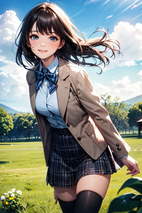 very cute and beautiful girl,(highly detailed beautiful face and eyes),(smile),happy,cowboy shot,
(brown jacket),collared shirt,plaid bowtie BREAK detailed legs,zettai ryouiki,brown shoulder bag,brown boots,
dynamic angle,hair ornament,black hair,(blue pla...