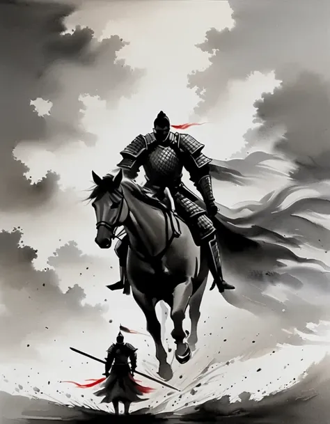 in style of drybrush painting ，（young knight：1.3）, the story of chivalrous, silhouette, made of mist, black and white art, in the style of emphasis on negative space, chiaroscuro portraitures, in the style of shodo, eastern brushwork, comic art, mono-ha, d...