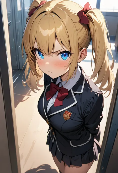 masterpiece, highest quality, Very detailed, High resolution, Expensive resolution, anime school girl, 1girl, blonde hair, blue eyes, twintails, medium breasts, black blazer, frown, looking at viewer, standing in school hallway