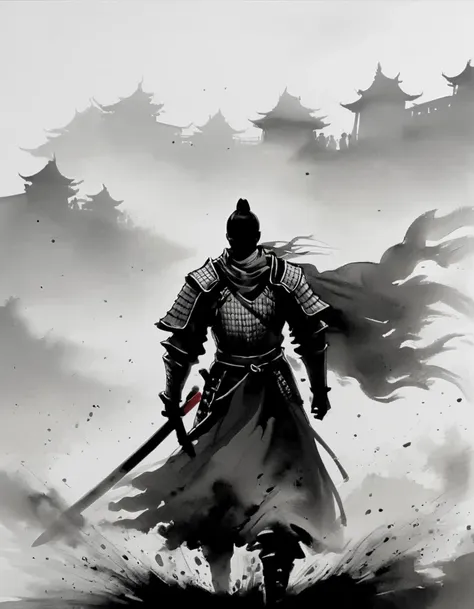 （young knight：1.3）, the story of chivalrous, silhouette, made of mist, black and white art, in the style of emphasis on negative space, chiaroscuro portraitures, in the style of shodo, eastern brushwork, comic art, mono-ha, disintegrated, speedpainting, ma...