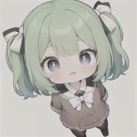 Young woman, Green hair, square, black eyes, white bow on head, brown clothes, Simple background, view from above.
