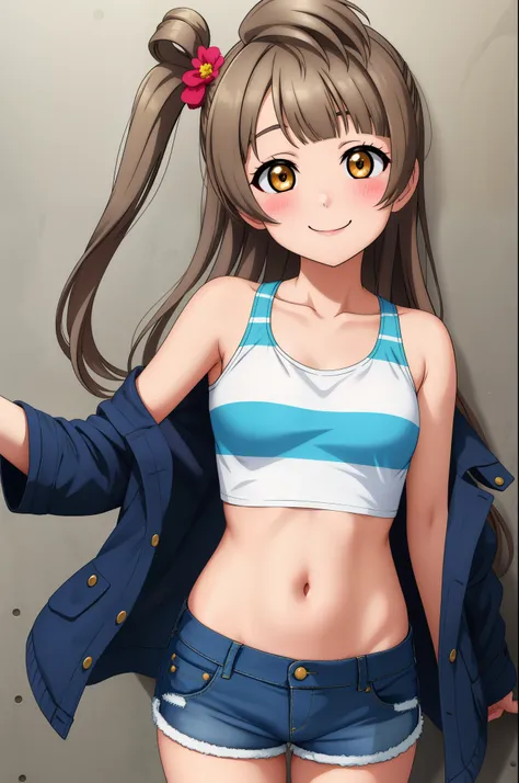 Minami kotori, looking_at_viewer, blush, smile, bangs, navel, collarbone, jacket, sidelocks, shorts, midriff, striped, crop_top, short_shorts, one_side_up, denim, cropped_jacket, denim_shorts, striped_shirt