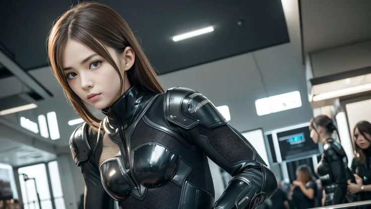 good quality, realistisches Meisterwerk, zwei enge Freunde, Beautiful teenage girls, small thin girls, sweet girl face, cyberpunk, Wears a futuristic cyberpunk suit made of tactical robot armor with cutouts, die die Bauchmuskeln zeigen, slender athletic bo...