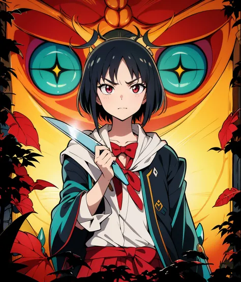 boy, garoto com chifre de unicornio na testa, chifre, a close up of a person holding a knife in front of a poster, anime cover, demon slayer rui fanart, reincarnated as a slime, black - haired mage, demon slayer artstyle, by Jin Homura, tensei shitara slim...