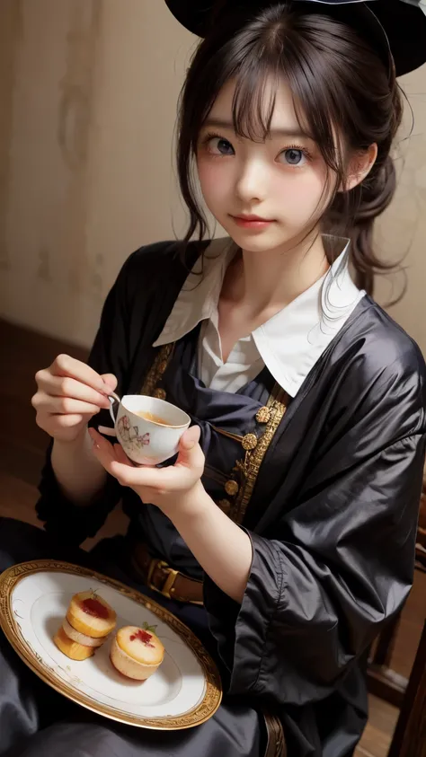 masterpiece, highest quality, magic使いのティーパーティー, magic tea party, magic, Little, Handsome witch, Highly detailed realistic eyes, Happy, Vibrant, colorful,