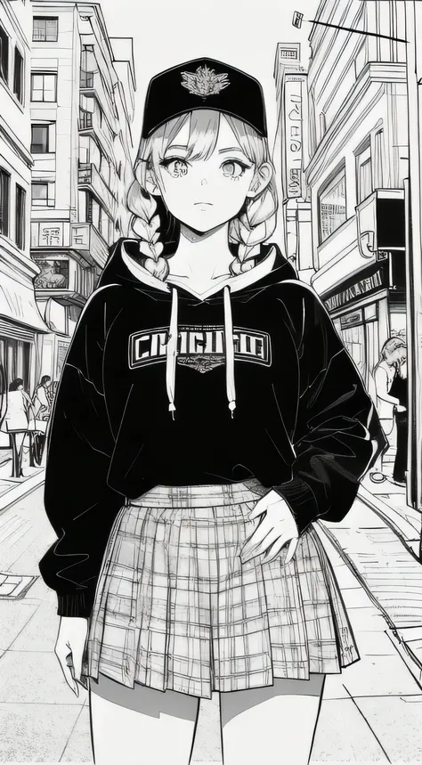 (a girl in the city, skirt and hoodie, cap, braids, coloring page, linear art, clean sketch), best quality, ultra-detailed, realistic, vibrant colors, urban landscape, street lights, dynamic pose, stylish fashion, detailed city buildings, clean outlines, i...