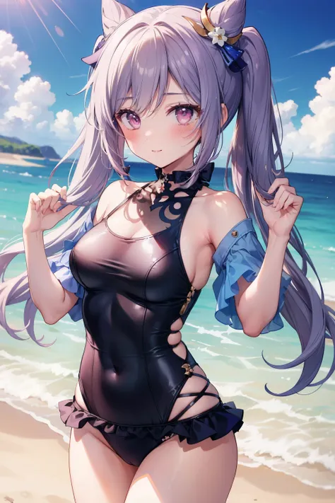 Keqing、Good looking girl (blush, Perfect Face), independent , Looking at the camera, masterpiece, Anime art style, Cute Characters, Most detailed, high quality、Nico Nico Smile、wearing a sexy swimsuit、Coming to the sea、Showing armpits