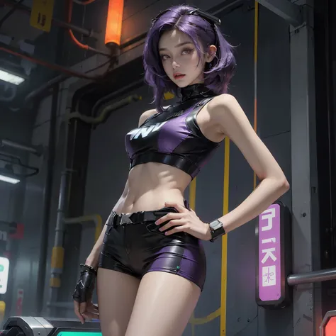 Beautiful woman medium hair, wearing cap, cyberpunk style short clothes,beautiful thighs,purple hair,accentuate hip