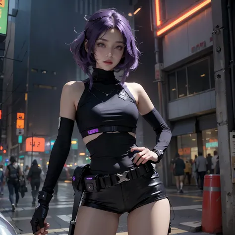 Beautiful woman medium hair, wearing cap, cyberpunk style short clothes,beautiful thighs,purple hair,accentuate hip