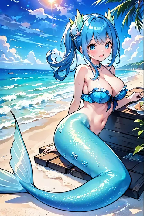 masterpiece, best quality(Full fingers),A woman,Large Breasts,Mermaid,Blue shirt,藍色的Mermaid尾巴,full-body shot,beach,躺在beach上,Sea view in the distance,charming脸(Kawaii, charming,Soft)