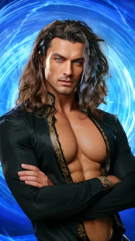 unbuttoned black shirt with sleeves, 80mm, European man bodybuilder, silk trousers, long curly black hair, blue eyes, background blue castle burns with blue flame, realism pushed to extreme, fine texture, incredibly lifelike, full HD