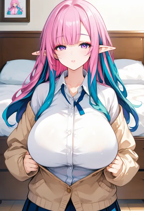 huge breasts,solo,eyeshadow,lip,Shiny eyelashes,pink hair,mature woman,blue hair,((upper body)),((long hair)),(elf),(( bangs)),(Half Color hair),, shirt,(cardigan ), pleated skirt, pubic hair,egirl_outfit,bedroom, long_sleeve,