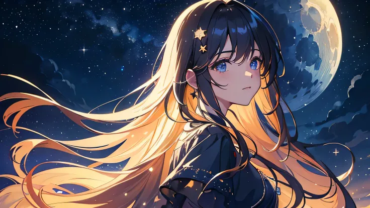 ((best quality)), ((masterpiece)), (detailed), HDR, 8K resolution, (illustration), (starry night), (1 woman),(long hair), (moon), (twinkling star), (night sky), (romantic), , (mysterious figure), (silhouette), (dreamy atmosphere)