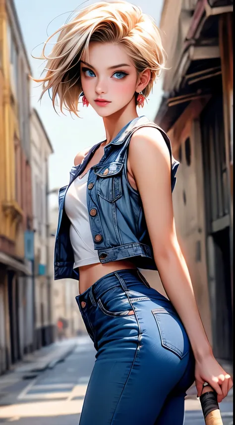 highest quality, High resolution, and 18, 1 girl, android 18, alone, blonde hair, blue eyes, short hair, laughter，earrings, jewelry, denim dress, open vest, white t-shirt，distressed jeans，small breasts, Stick out your butt and turn around and pose，street, ...