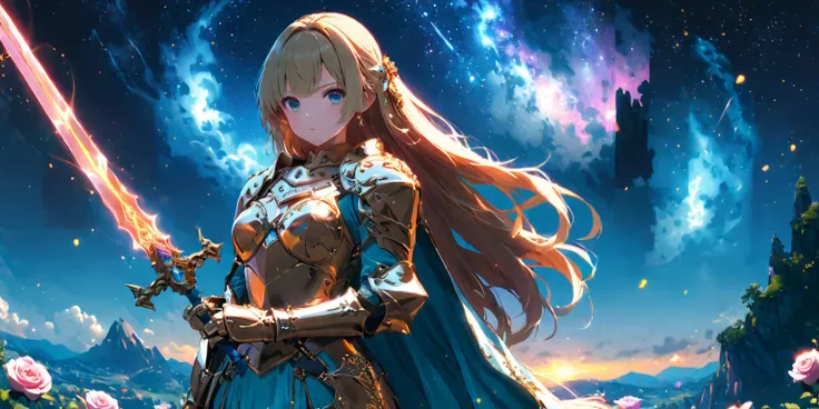 diy24,Blonde Fantasy Warrior in Enchanted Rose Garden, iridescent sword casting light, standing among magical blooming roses, shimmering armor reflecting the gardens mystical aura, high detail, atmospheric lighting, elegant, action-ready stance. Blonde Wom...