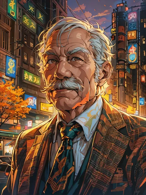 (best quality,4k,8k,highres,masterpiece:1.2),ultra-detailed,(realistic,photorealistic,photo-realistic:1.37),portrait, muscular old man, cityscape background, happy expression, autumn colors, stylish suits and ties, vector art style, mwvector, vibrant color...