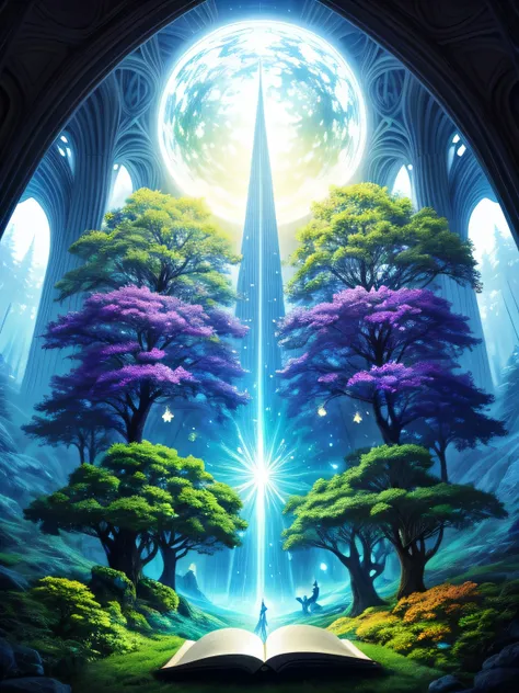 Utopian world: fantasy city, 360 degree inversion with trees and trees. In the center is a magic book. Humans and fantastic creatures coexist harmoniously, The book at the center of art is divine, magical, emanates light approaching perfection, There are m...