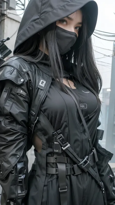 mulher arafada com um moletom preto e um moletom preto, wearing technological clothing and armor, all black roupas ciberpunk, photograph of a technological clothing woman, technological clothing fashion, futuristic technological clothing, technological clo...