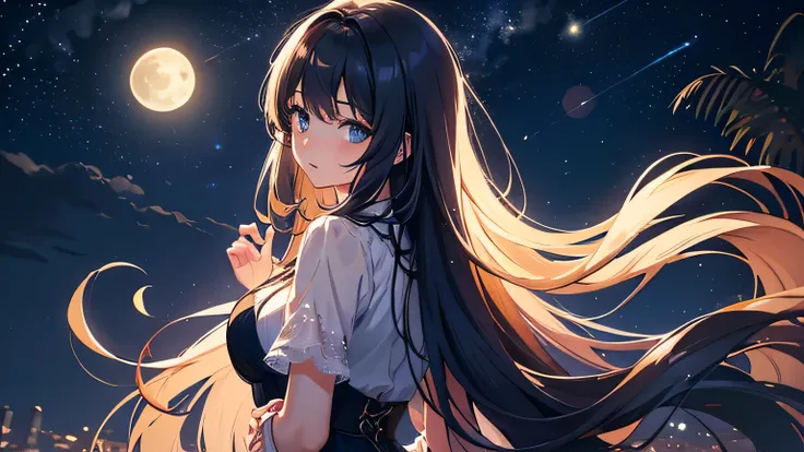 ((best quality)), ((masterpiece)), (detailed), HDR, 8K resolution, (illustration), (starry night), (1 woman),(long hair), (moon), (twinkling star), (night sky), (romantic), , (mysterious figure), (silhouette), (dreamy atmosphere),(turning around)