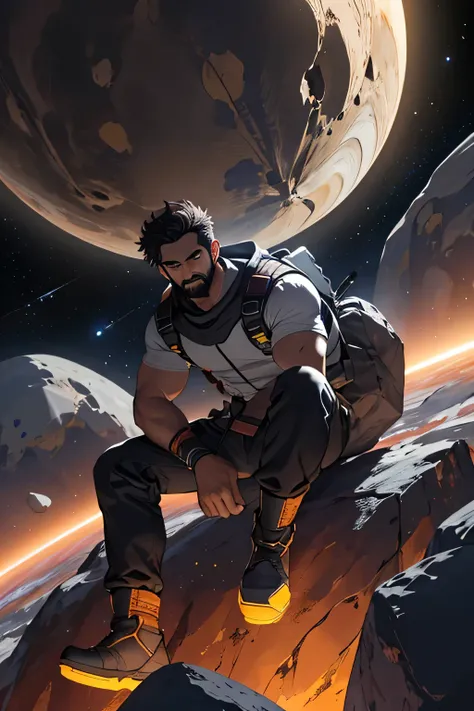 Desenhe um jovem programador, sitting on a research platform floating in the middle of an asteroid belt. He is studying with a notebook, surrounded by several asteroids glowing with fiery auras. Dramatic lighting from distant stars and planets illuminates ...