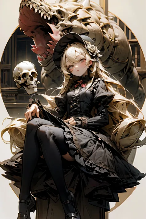 Young Girl、Gothic Lolita、Blonde、Long Hair、Skull ornament、Small breasts、Expressionless、petticoat、Sitting、Command the Dinosaurs、Odd Eye、Rose print tights、Tyrannosaurus