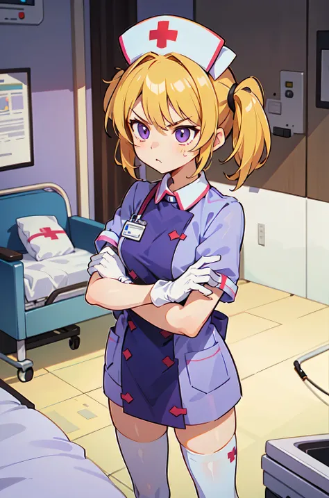 1girl, solo, nurse, nurse cap, white nurse uniform, ((white legwear, zettai ryouiki)), white gloves, twintails, yellow hair, purple eyes, angry, crossed arms, standing, ((hospital room)), sharp outline, short sleeves, best quality, masterpiece