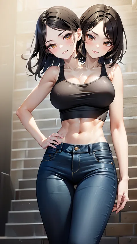 (masterpiece),(ultra-detailed), (high quality), (high resolution), (best quality:1.5, highres, UHD), highres, absurdo, ultra detail, ultra quality, Ultra resolution, 16k, 1girl, (2heads:1.5), girl with two heads, ((black hair)), ((light brown hair)), ((dif...