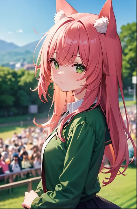 One girl, animal_ear, Slope, Slope_background, green_background, Looking_in_Audience, pink_hair, Solo by JM