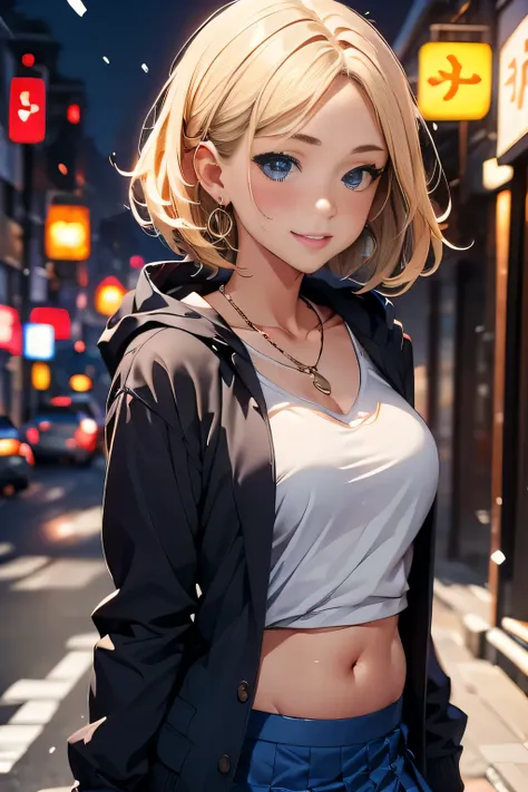 highest quality, Super quality, 16k, 1 girl, (hoodie:1.2), (Short skirt), thigh, belly button,necklace, Earrings, Captivating smile, Center of chest, whole body love, Drunk Blush:1.5, Shoulder-length black wavy hair, Calm, Calm, (realistic and detailed eye...