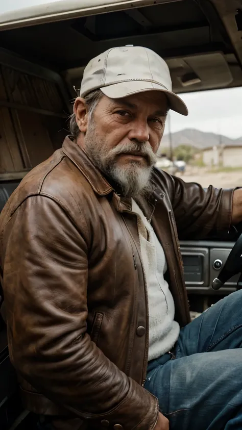 Portrait of an experienced truck driver, with aged skin, deep wrinkles and penetrating gaze. He sports a white beard and leather hat. In the background an old truck softly blurred