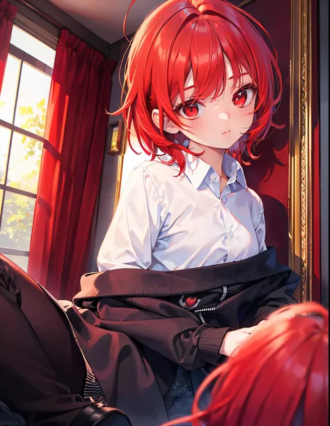 Realistic,highest quality, Ultra Detail, High-quality CG rendering, The most delicate and beautiful, Floating softly, High resolution, (1 girl), (Highest quality,4K,8K,masterpiece:1.2),(All red hair:1.5), (Medium Hair:1.5),(Red eyes:1.5),(White long sleeve...