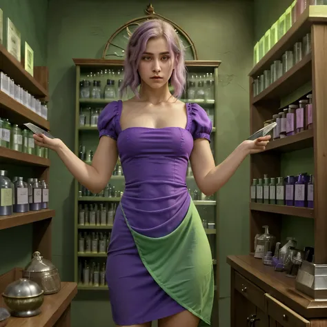 Gender: feminino 
Cabelo: loiro 
Olhos: greenish expression: bored scenario: potion shop counter reading a book boredly My outfit: um vestido roxo estilo meio guerreira/fada com alguns detalhes Dourados 