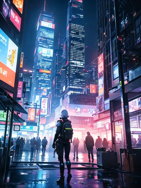 ((Intricate details)), High resolution, ((Intricate details, Very detailed)), Cinematic shots, Vignette、Ray Tracing、carried a backpack、outer、boots、watch、in the city、cyber punk、one adult woman、Bulletproof vest、short silver hair、Black Cybersuit、Cybermask、Equ...