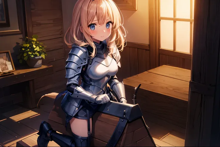 masterpiece, best quality, extremely detailed, anime, girl, knight,armor, ((wooden horse)), a pleasant face, a blush