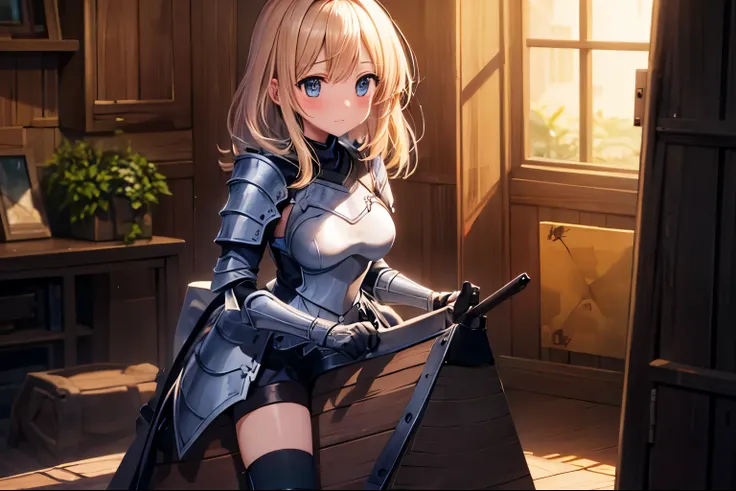 masterpiece, best quality, extremely detailed, anime, girl, knight,armor, ((wooden horse)), a pleasant face, a blush