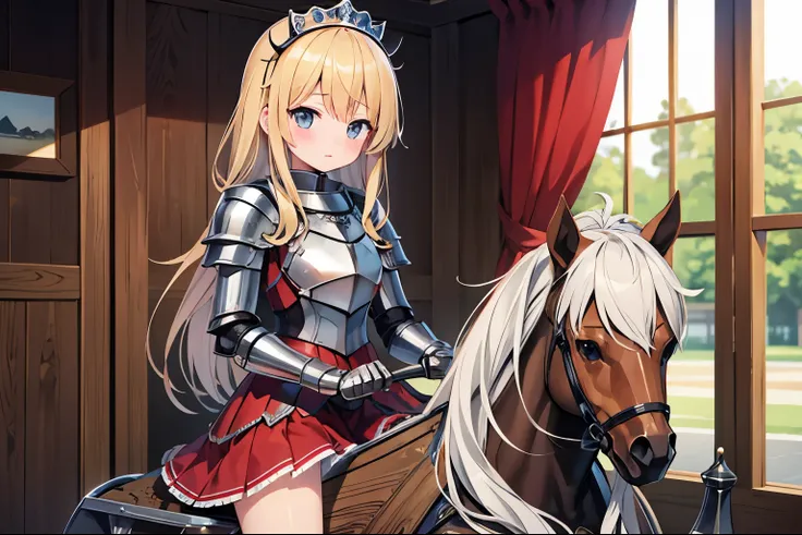 masterpiece, best quality, extremely detailed, anime, girl, knight,armor, ((wooden horse)), a pleasant face, a blush