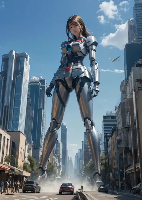 (((RAW Image Quality:1.4))), ((A giant mechanical woman, much bigger than a skyscraper:1.4)), 14 years old, Rough skin, Very detailed, Advanced Details, high quality, 最high quality, High resolution, 1080p, hard disk, beautiful,(Gundam:1.4),beautiful almost...