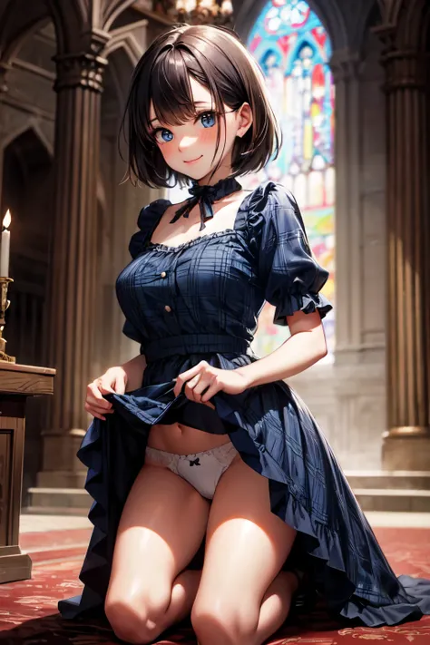 very cute and beautiful girl,(highly detailed beautiful face and eyes), (smile),blush,black hair,cowboy shot,looking at viewer,kneeling, (elegant blue plaid lolita dress with detailed frills),detailed lace,(skirt lift,white panties), altar,church,indoors, ...