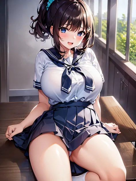 1 Girl, alone, nakano ichika, Pink Short Hair, (naked:1.3), (White apron), big breasts, Cleavage, Thighs, Cafe Background, (Blushing:1.2), smile、(masterpiece, best quality), nsfw, 1girl, sitting on school chair, pussy, (skirt lift:1.3),
heavy breathing, st...