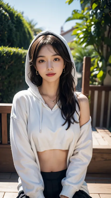 ((8k))，Film Photography, 1 girl, (Hoodies:1.2), (Short skirt), thigh, navel，necklace, earrings, seductive smile, Mid-chest, whole body, Drunk blush:1.5, Black wavy shoulder-length hair, serene, calm, (Realistic and detailed eyes, Natural skin texture, Real...