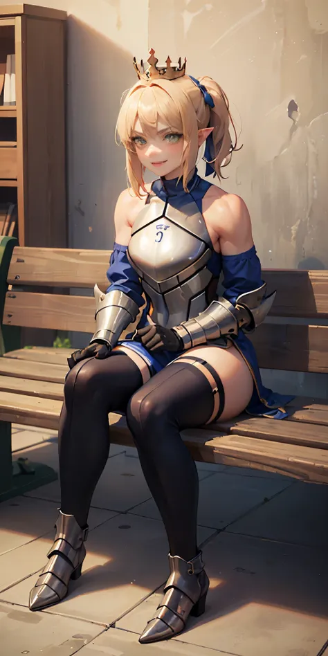 Lancer Artoria, elegant adult female, blonde, green eyes, (yellow eyelashes), crown, turtleneck, full body sitting on a bench showing ass to me, BLUE breastplate, BLUE skin (1girl)(BLUE skin:1.2), looking at viewer, shiny, armor, thigh highs, high boots, p...