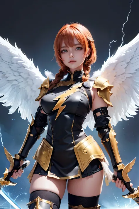 (Best quality, 4k, 8k, highres, masterpiece:1.2), ultra-detailed, ((Bishoujo girl)), ((The marvelous Valkyries girl with Orange pixie cut hair and braid bangs)), ((Super short pixie cut hair with Hair ornament)), ((full body)), ((stand pose)), ((((Valkyrie...